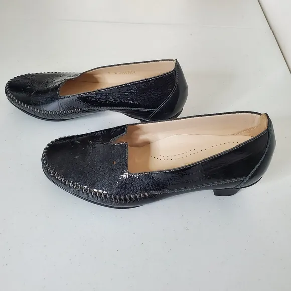 SAS Sonyo Black Slip-on Heels Size 8W Premium Leather Shoes with Cutouts Glossy