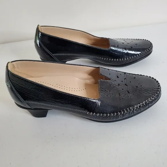 SAS Sonyo Black Slip-on Heels Size 8W Premium Leather Shoes with Cutouts Glossy