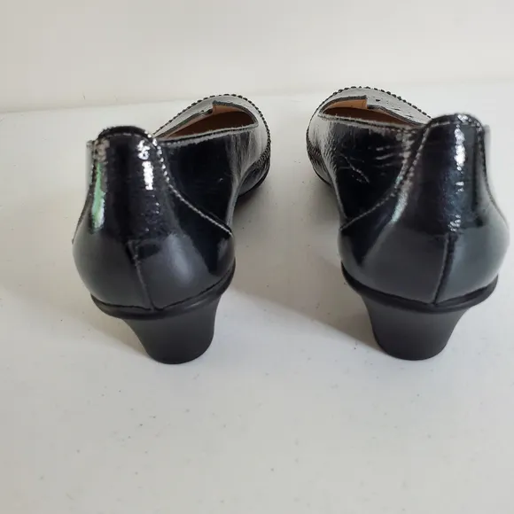 SAS Sonyo Black Slip-on Heels Size 8W Premium Leather Shoes with Cutouts Glossy