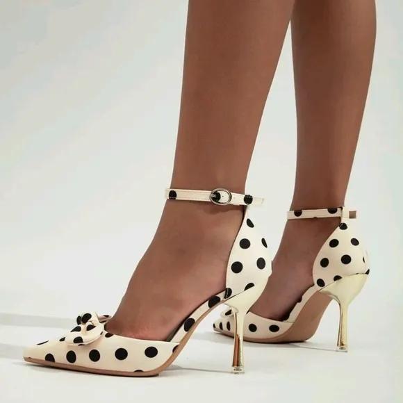 Satin Polka Dot Pattern Bow Decor Ankle Strap Pumps