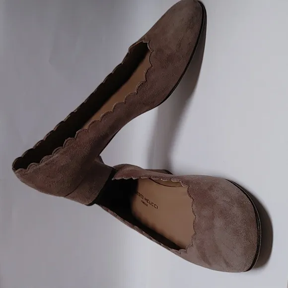 Sesto Meucci Firenze Scalloped Edge Taupe Suede Small Heel Slip-on Shoes 7M