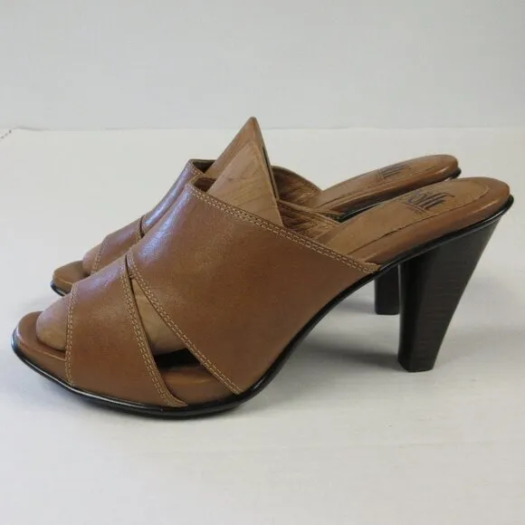 SOFFT Brown Tan Leather Heeled Sandals Size 8.5 Slip On Slide Mule Shoes 1227700