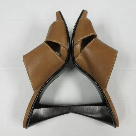 SOFFT Brown Tan Leather Heeled Sandals Size 8.5 Slip On Slide Mule Shoes 1227700