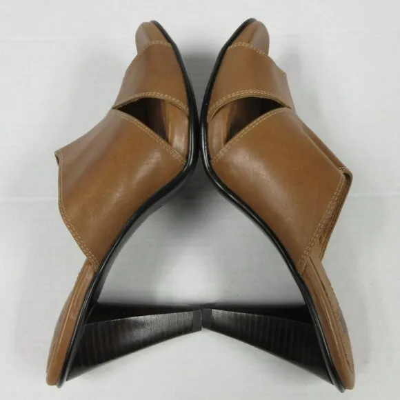 SOFFT Brown Tan Leather Heeled Sandals Size 8.5 Slip On Slide Mule Shoes 1227700