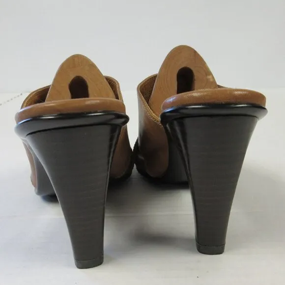 SOFFT Brown Tan Leather Heeled Sandals Size 8.5 Slip On Slide Mule Shoes 1227700
