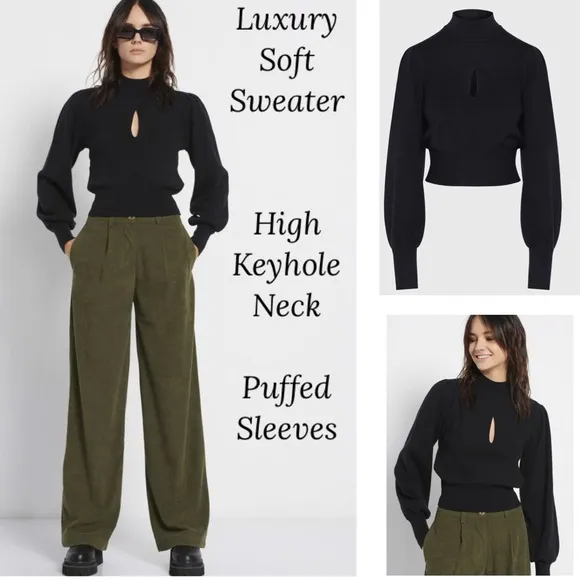 Soft High Crew Neck Keyhole Puff Sleeve Sweater Mock Black Exlura Size Medium