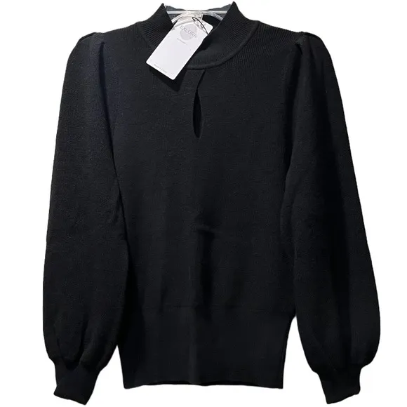 Soft High Crew Neck Keyhole Puff Sleeve Sweater Mock Black Exlura Size Medium