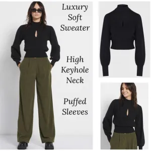 Soft High Crew Neck Keyhole Puff Sleeve Sweater Mock Black Exlura Size Medium