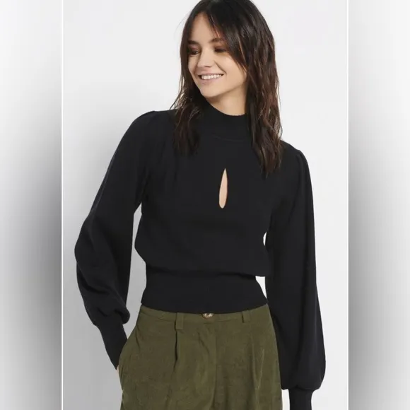 Soft High Crew Neck Keyhole Puff Sleeve Sweater Mock Black Exlura Size Medium