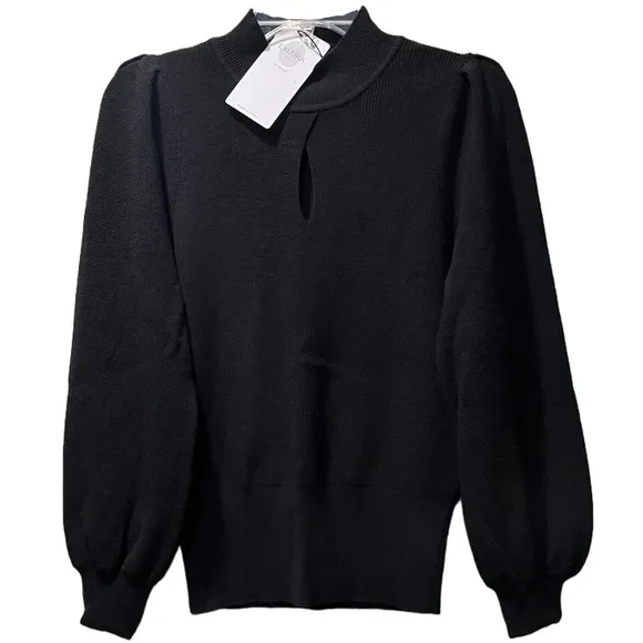 Soft High Crew Neck Keyhole Puff Sleeve Sweater Mock Black Exlura Size Medium