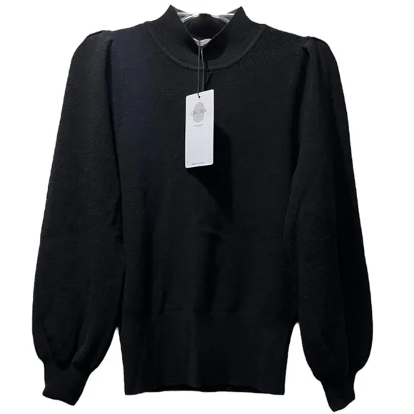 Soft High Crew Neck Keyhole Puff Sleeve Sweater Mock Black Exlura Size Medium
