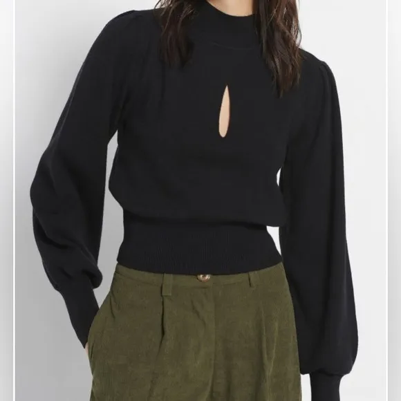 Soft High Crew Neck Keyhole Puff Sleeve Sweater Mock Black Exlura Size Medium