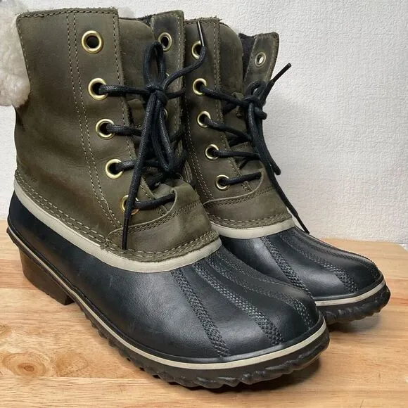 Sorel Slimpack II Lace Elk Women's 9 Olive Gray Leather Winter Snow Boots