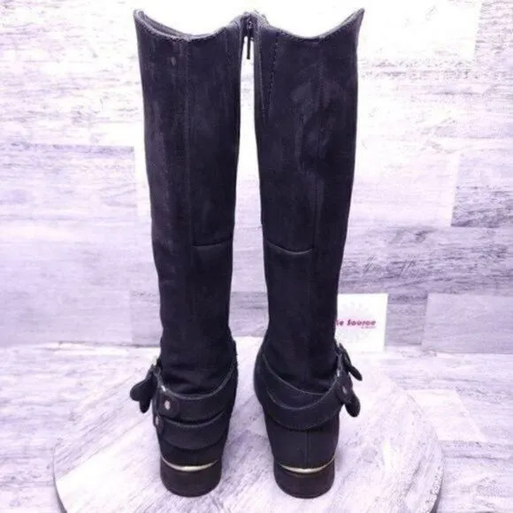 Steve Madden Amill Tall Knee High Leather Moto Boot Black Gold Women's sz 7