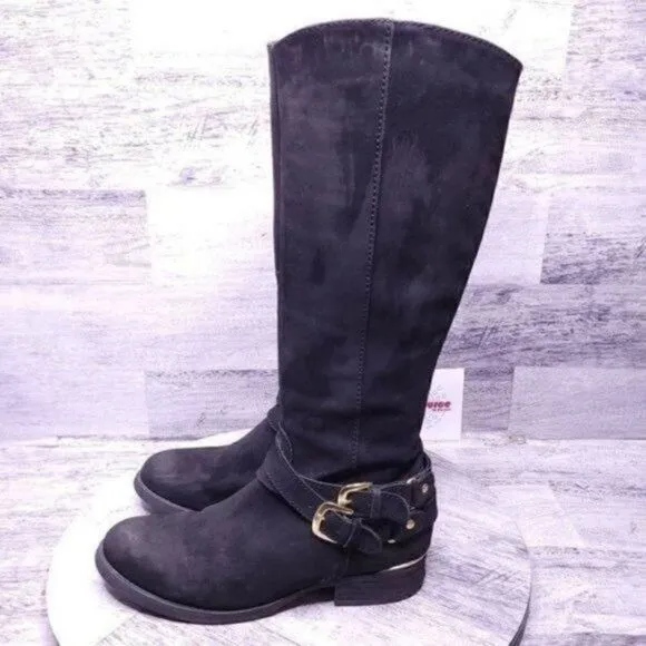 Steve Madden Amill Tall Knee High Leather Moto Boot Black Gold Women's sz 7