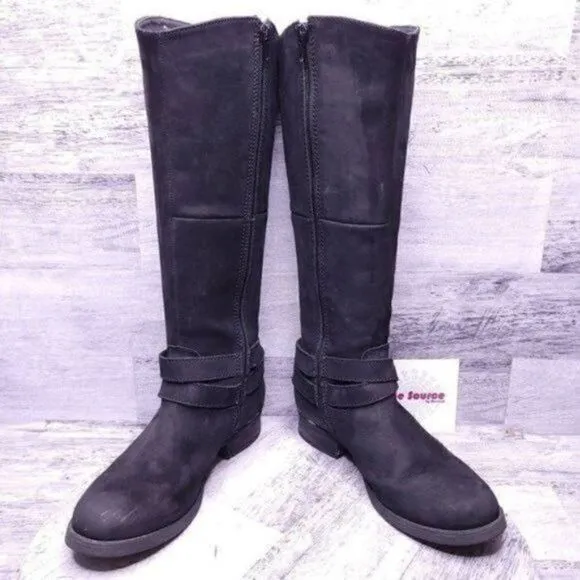 Steve Madden Amill Tall Knee High Leather Moto Boot Black Gold Women's sz 7
