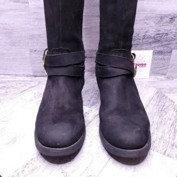 Steve Madden Amill Tall Knee High Leather Moto Boot Black Gold Women's sz 7