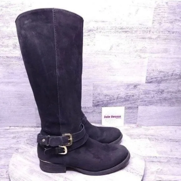 Steve Madden Amill Tall Knee High Leather Moto Boot Black Gold Women's sz 7