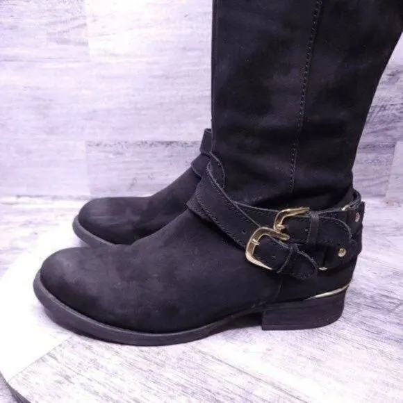 Steve Madden Amill Tall Knee High Leather Moto Boot Black Gold Women's sz 7