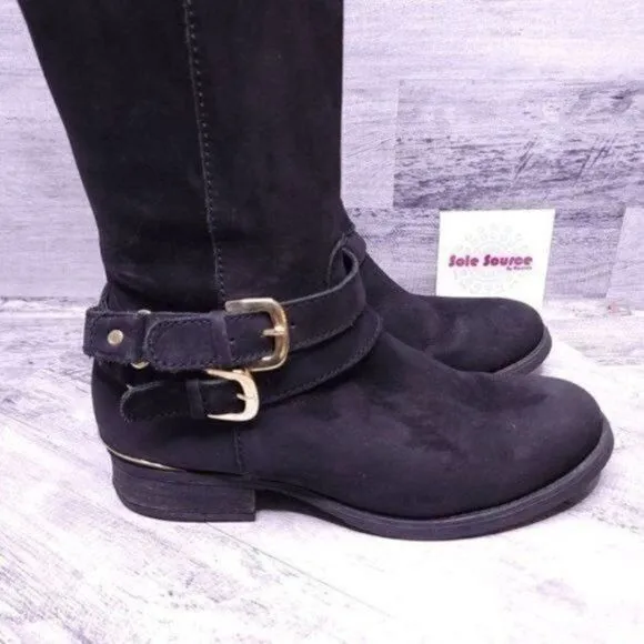 Steve Madden Amill Tall Knee High Leather Moto Boot Black Gold Women's sz 7