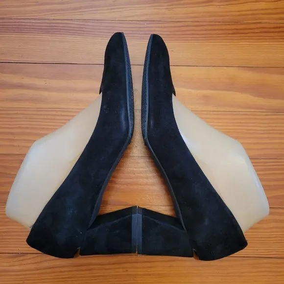 Stuart Weitzman 8M Suede Black Velvet Leather Block Heels Formal Glam Shoes