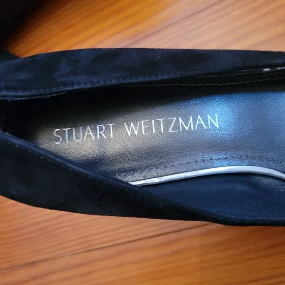 Stuart Weitzman 8M Suede Black Velvet Leather Block Heels Formal Glam Shoes