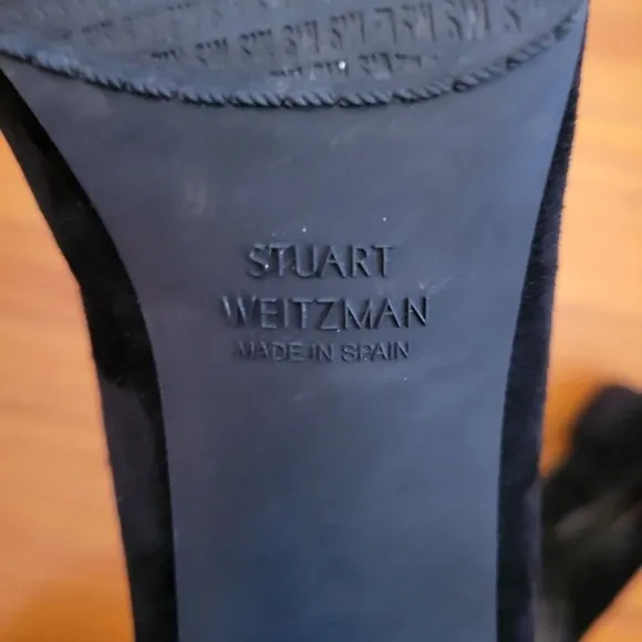 Stuart Weitzman 8M Suede Black Velvet Leather Block Heels Formal Glam Shoes