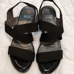 Stuart Weitzman Black Elastic Stretch Sandals 10 W GUYBANDS Low Heel Shoes