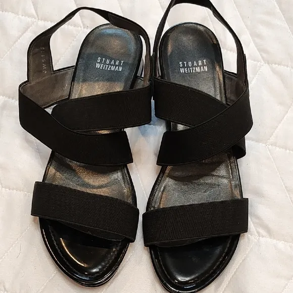 Stuart Weitzman Black Elastic Stretch Sandals 10 W GUYBANDS Low Heel Shoes