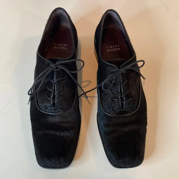 Stuart Weitzman Black Pony Hair Leather Heeled Oxfords Narrow EUC Size 8.5N