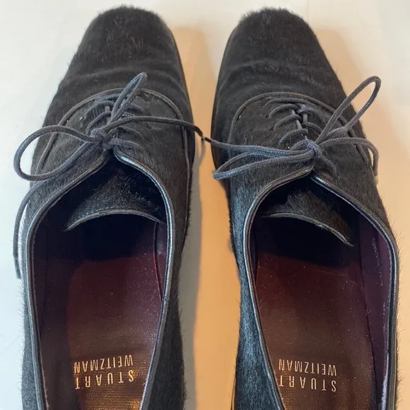 Stuart Weitzman Black Pony Hair Leather Heeled Oxfords Narrow EUC Size 8.5N