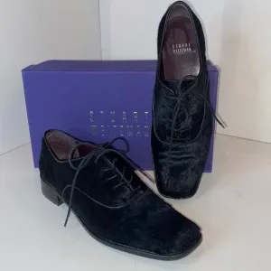 Stuart Weitzman Black Pony Hair Leather Heeled Oxfords Narrow EUC Size 8.5N