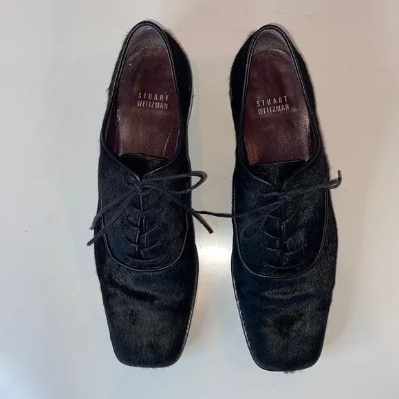Stuart Weitzman Black Pony Hair Leather Heeled Oxfords Narrow EUC Size 8.5N