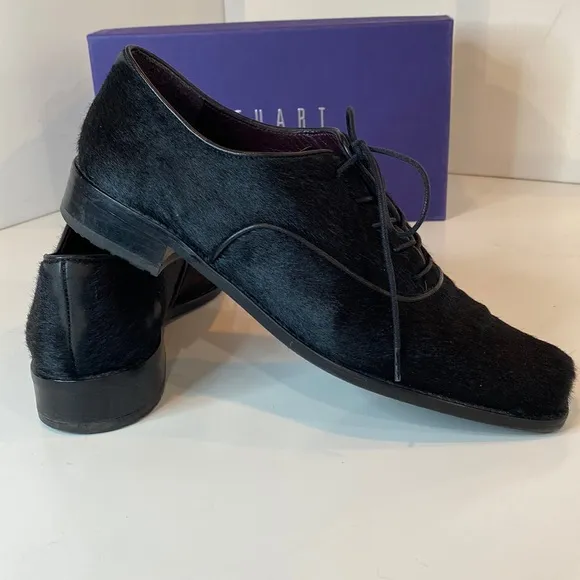 Stuart Weitzman Black Pony Hair Leather Heeled Oxfords Narrow EUC Size 8.5N