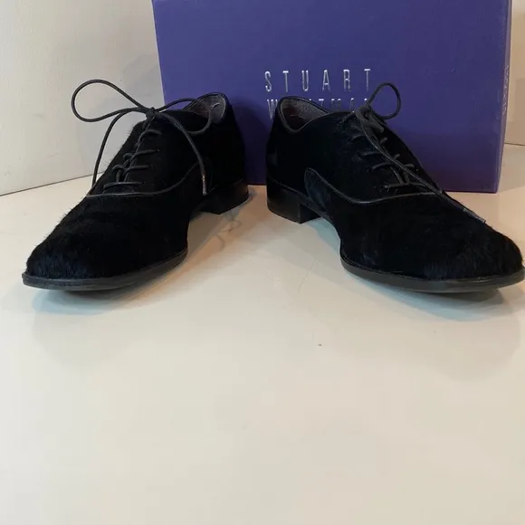 Stuart Weitzman Black Pony Hair Leather Heeled Oxfords Narrow EUC Size 8.5N