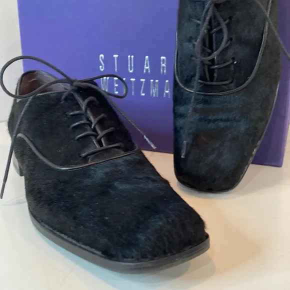 Stuart Weitzman Black Pony Hair Leather Heeled Oxfords Narrow EUC Size 8.5N