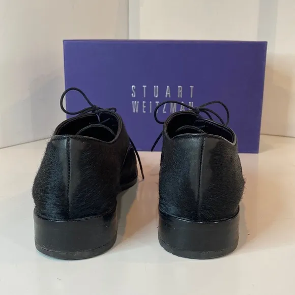Stuart Weitzman Black Pony Hair Leather Heeled Oxfords Narrow EUC Size 8.5N