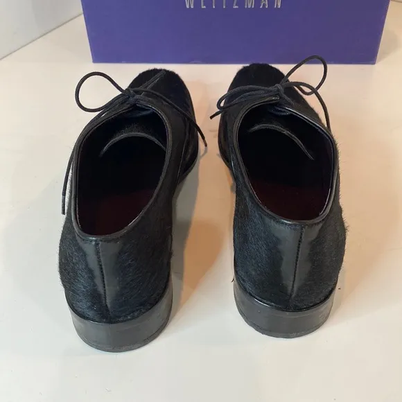Stuart Weitzman Black Pony Hair Leather Heeled Oxfords Narrow EUC Size 8.5N