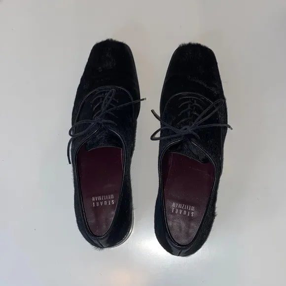 Stuart Weitzman Black Pony Hair Leather Heeled Oxfords Narrow EUC Size 8.5N