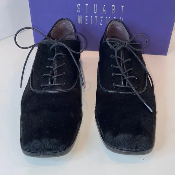 Stuart Weitzman Black Pony Hair Leather Heeled Oxfords Narrow EUC Size 8.5N