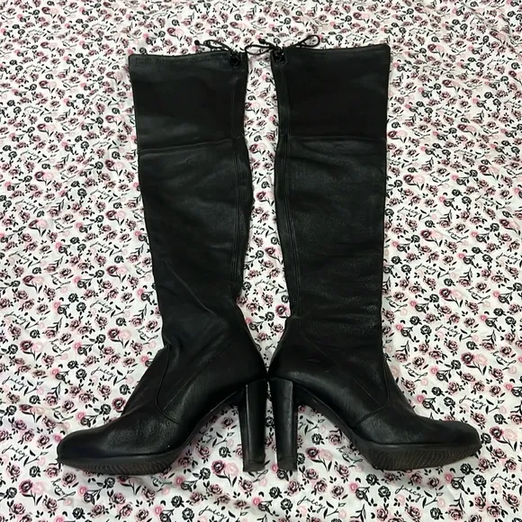 Stuart Weitzman Highland Tieland Napa Leather Thigh High Black Heeled Boots