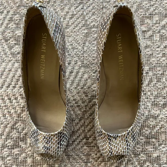 Stuart Weitzman Shoes Snakeskin Pumps Platform Python Peep Toe Brown Tan 8