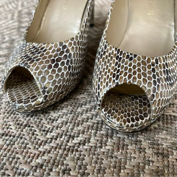 Stuart Weitzman Shoes Snakeskin Pumps Platform Python Peep Toe Brown Tan 8