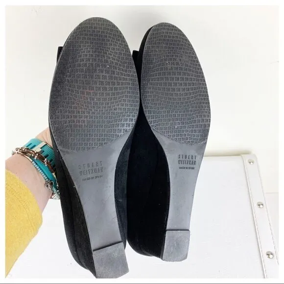 Stuart Weitzman Caring Black Suede Low Wedge Silver Ring Accent 8.5