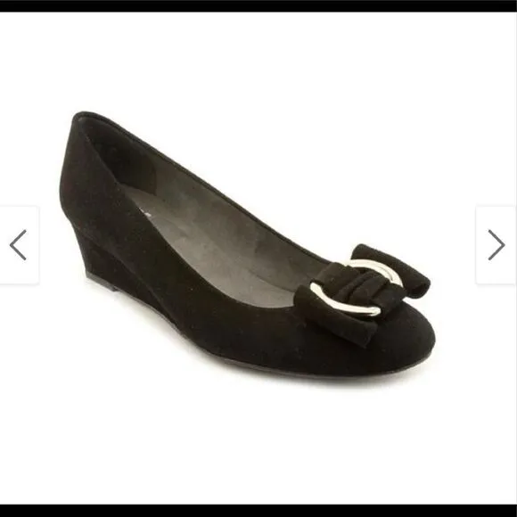 Stuart Weitzman Caring Black Suede Low Wedge Silver Ring Accent 8.5