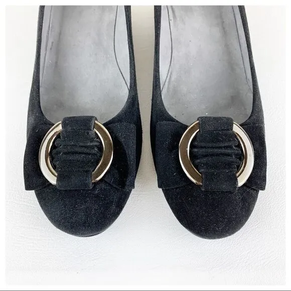 Stuart Weitzman Caring Black Suede Low Wedge Silver Ring Accent 8.5