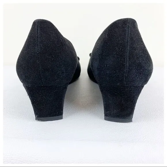 Stuart Weitzman Caring Black Suede Low Wedge Silver Ring Accent 8.5