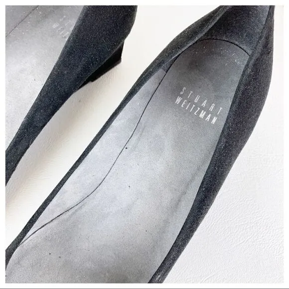 Stuart Weitzman Caring Black Suede Low Wedge Silver Ring Accent 8.5