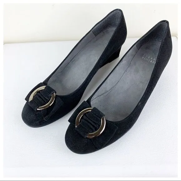 Stuart Weitzman Caring Black Suede Low Wedge Silver Ring Accent 8.5