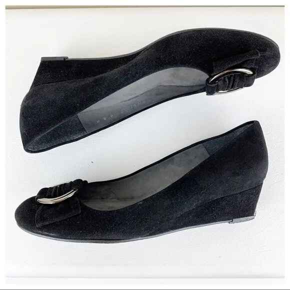 Stuart Weitzman Caring Black Suede Low Wedge Silver Ring Accent 8.5